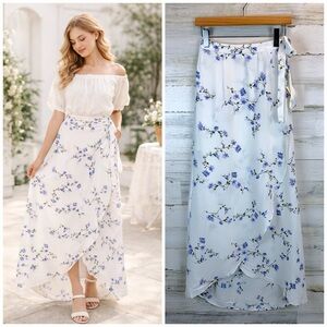 NWT Tobi White Blue Floral Wrap Midi Skirt Cottagecore Romantic Boho Small